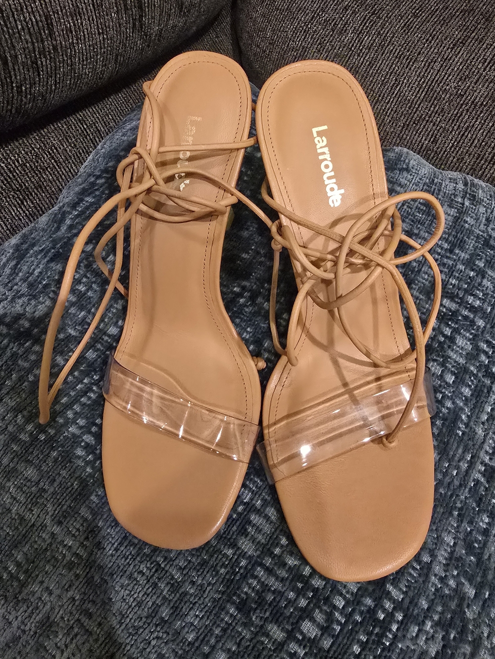 Larroude Tan Lace-Up Sandals with Clear Strap Accent